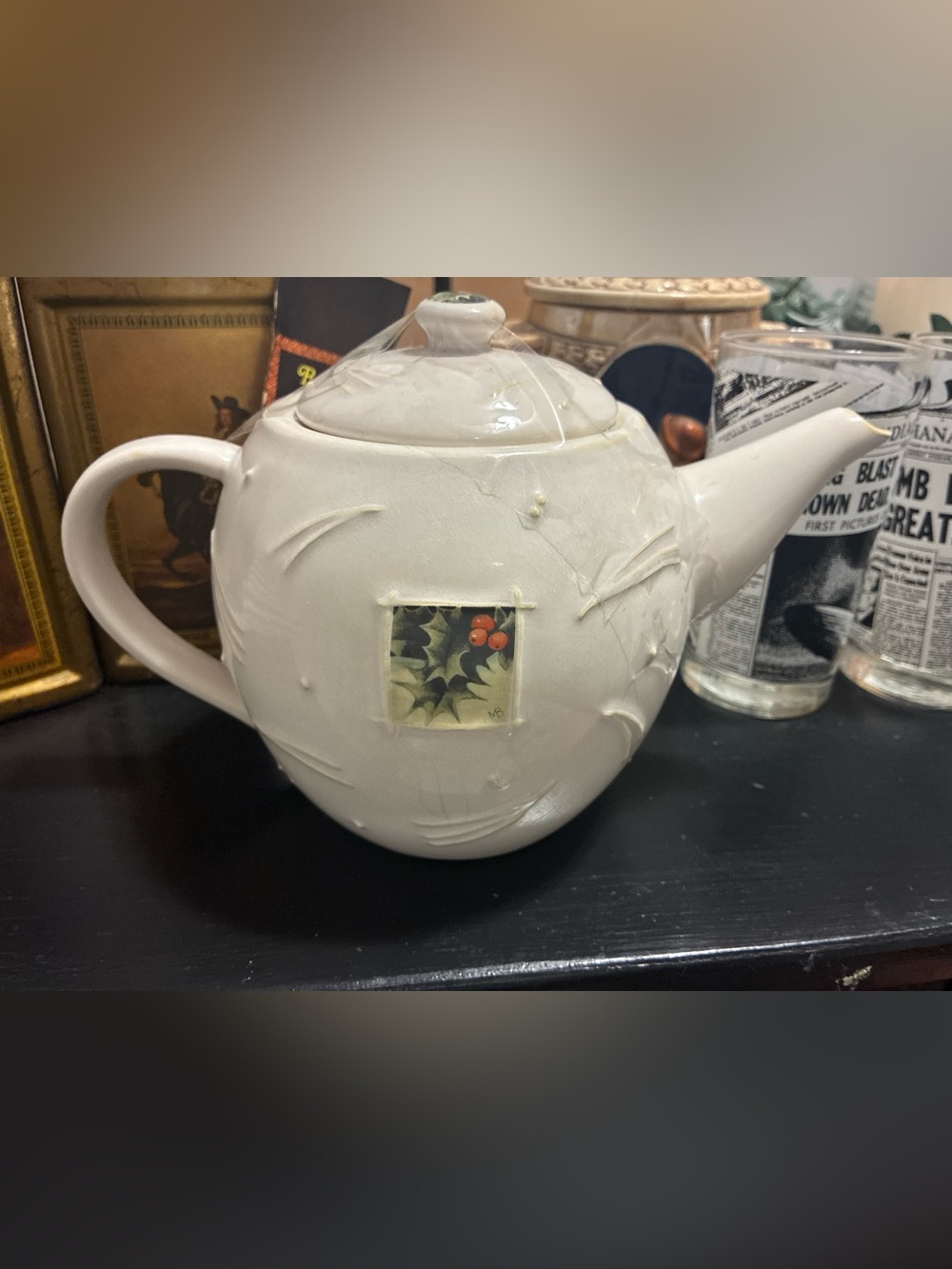 White Ceramic Teapot with Holly Motif - Brand Hallmark